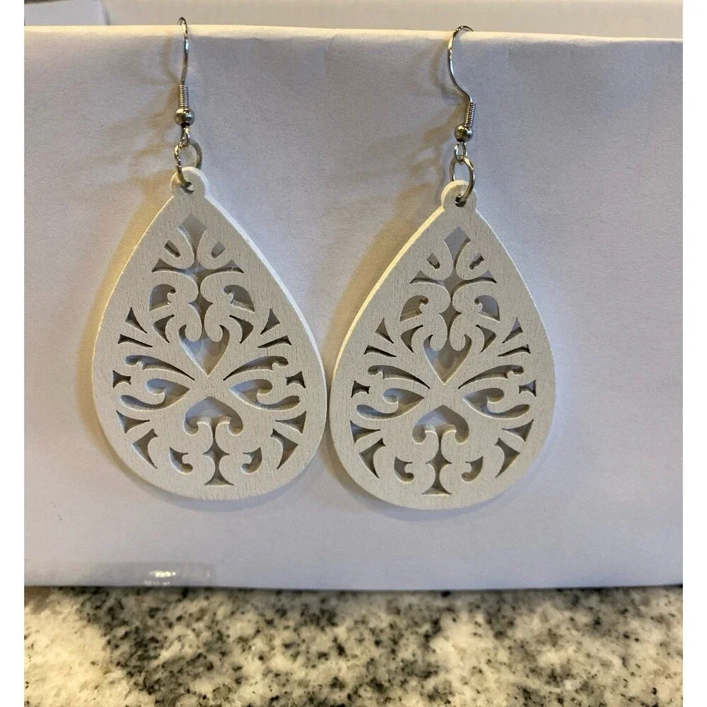 Earrings  Large Teardrop  Wooden Laser Cut White Dangle Boho Hippie Unique‎